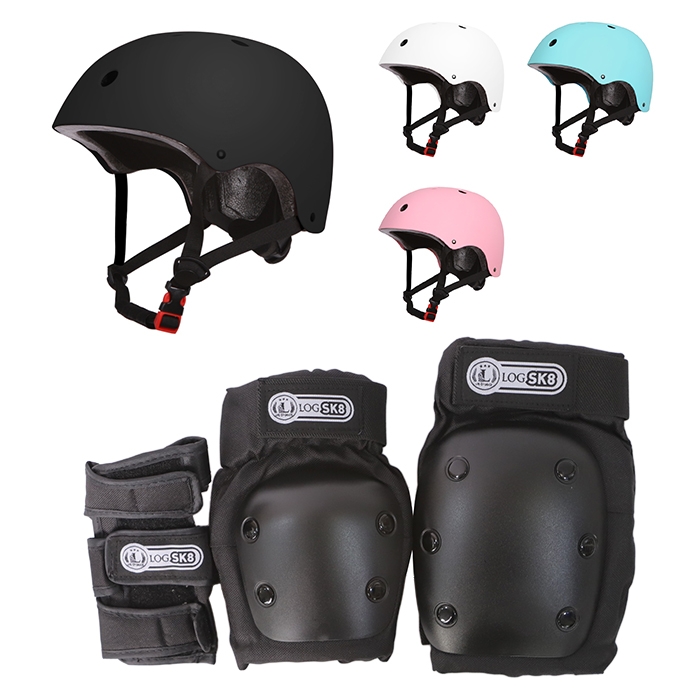 LOG FX-001 Helmet + Protective Gear (Elbow, Knee, Wrist) W/Net Bag Set (로그 스케이트보드 헬멧+보호대 세트)